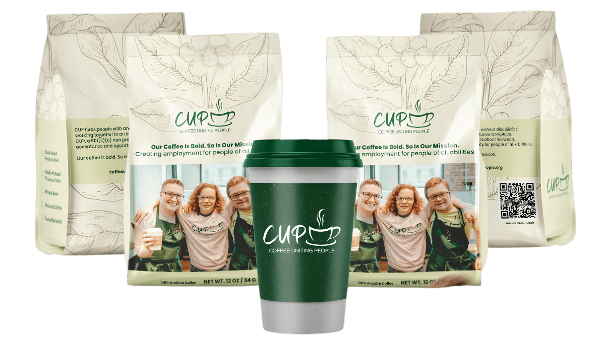 Two CUP coffee bags flanking a CUP-branded paper cup